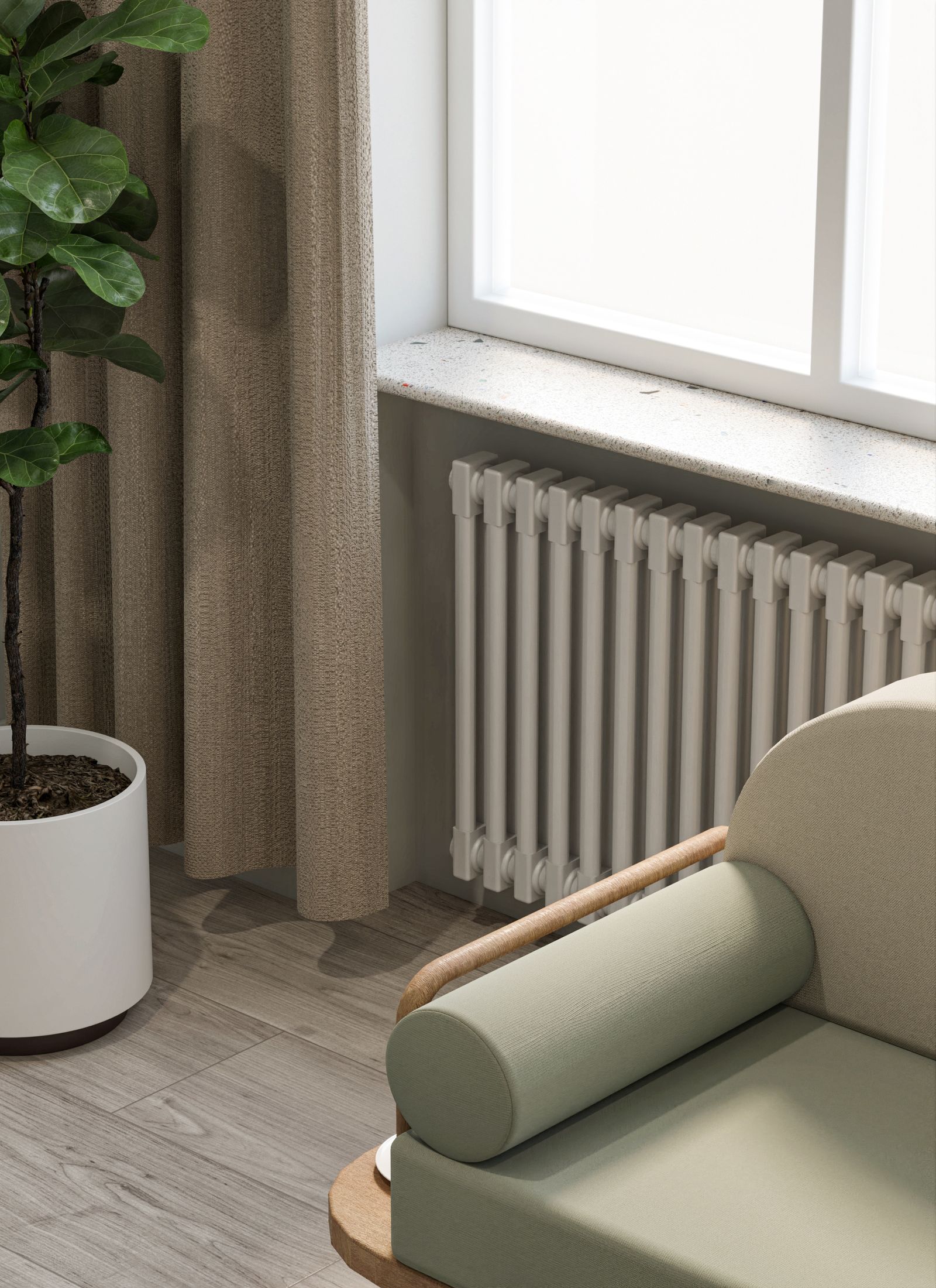 A column radiator beneath a window in a warm, calm living room